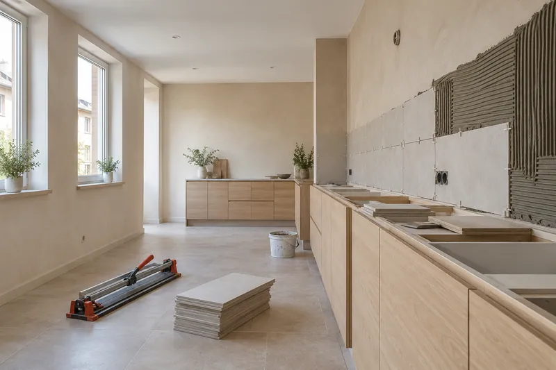 Visualización conceptual IA: Colocación de azulejos con separadores y adhesivo sobre una pared de cocina.