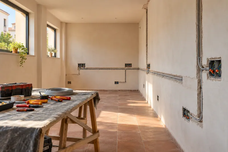 Visualización conceptual IA: Canalizaciones y cajas eléctricas durante la preparación de una cocina.
