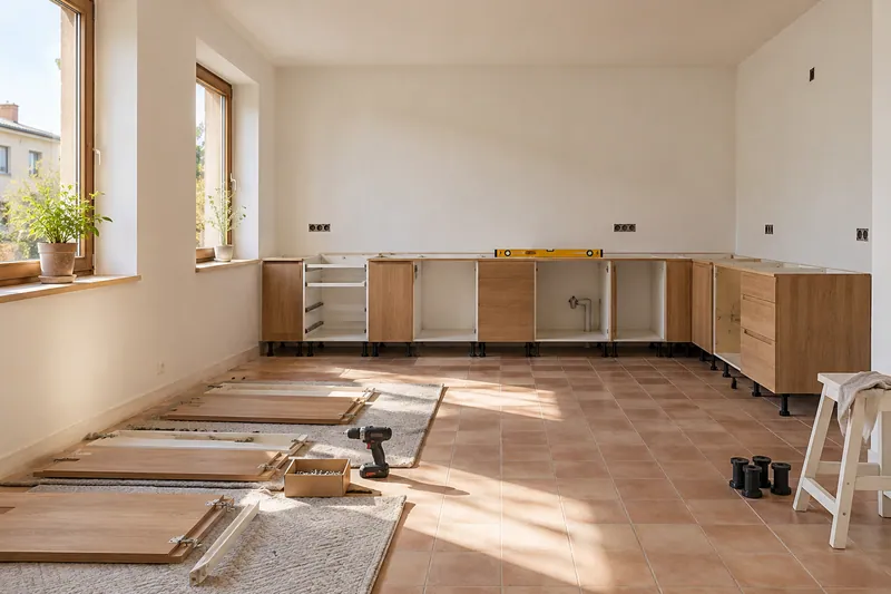 Visualización conceptual IA: Módulos de cocina en montaje con puertas pendientes de colocar.