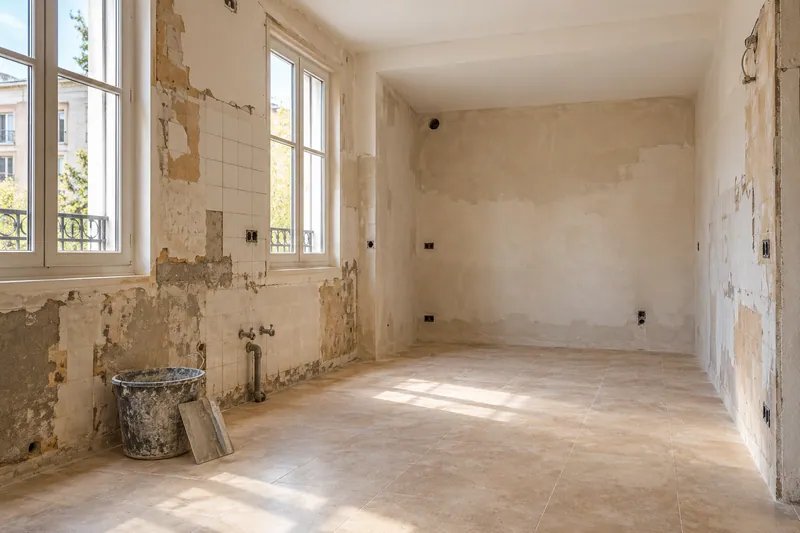 Visualización conceptual IA: Cocina sin muebles con paredes en preparación y zonas de enlucido.